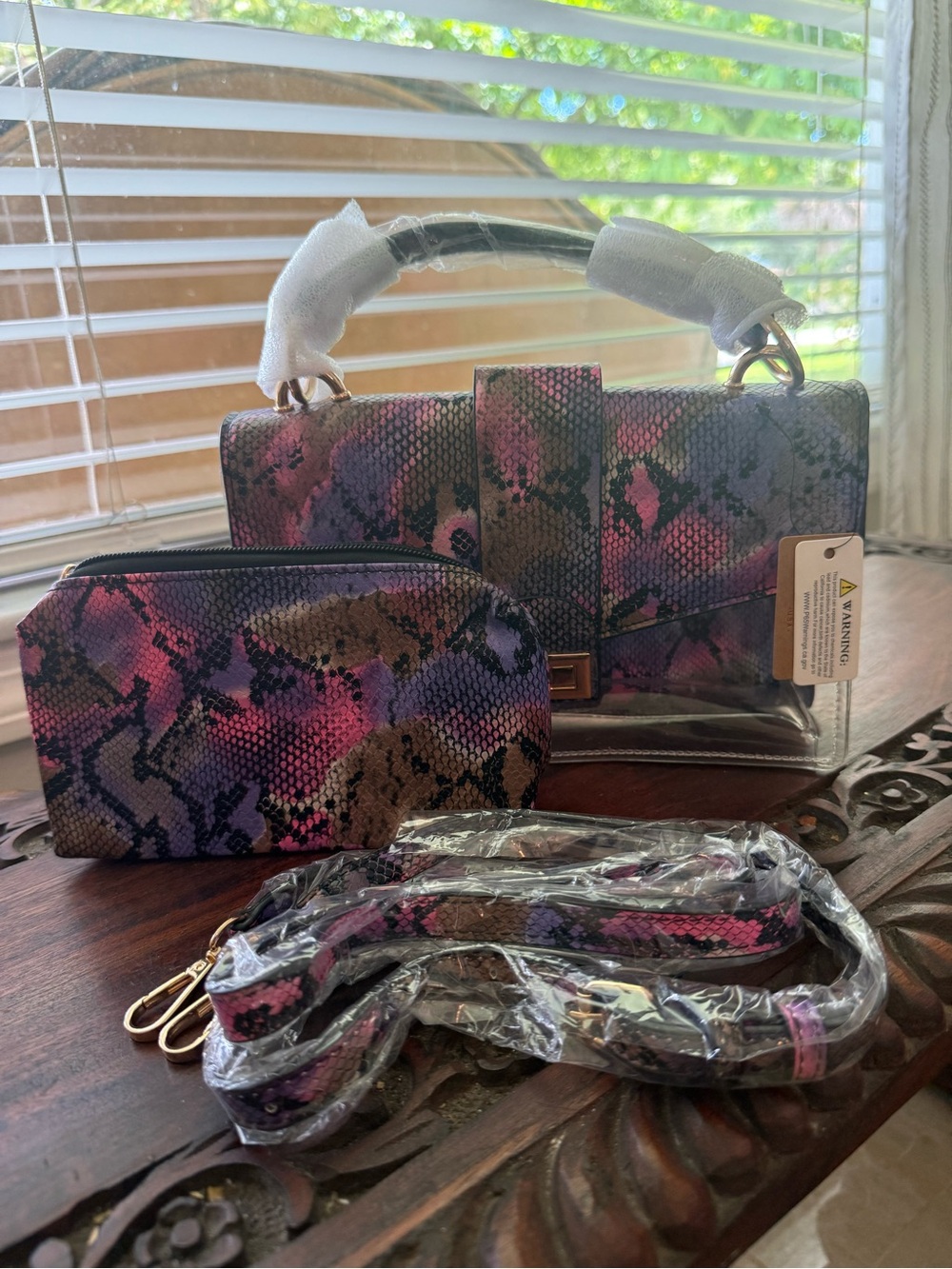 Purple Multi Snake-Print Crossbody Bag with Matching Pouch